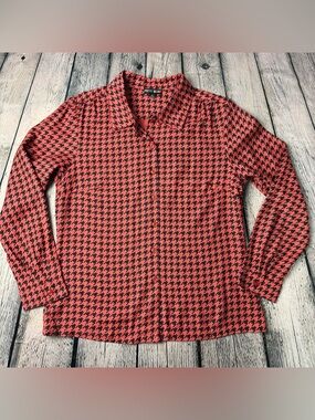 Pretty Vacant ModCloth Orange Black Houndstooth Button-Up Shirt Sz Medium UK12
